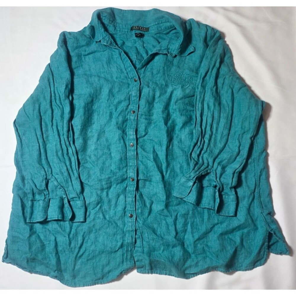 Lauren Ralph Lauren Blue Teal Sz 3x Linen Tunic V-Neck Shirt Preppy Old Money